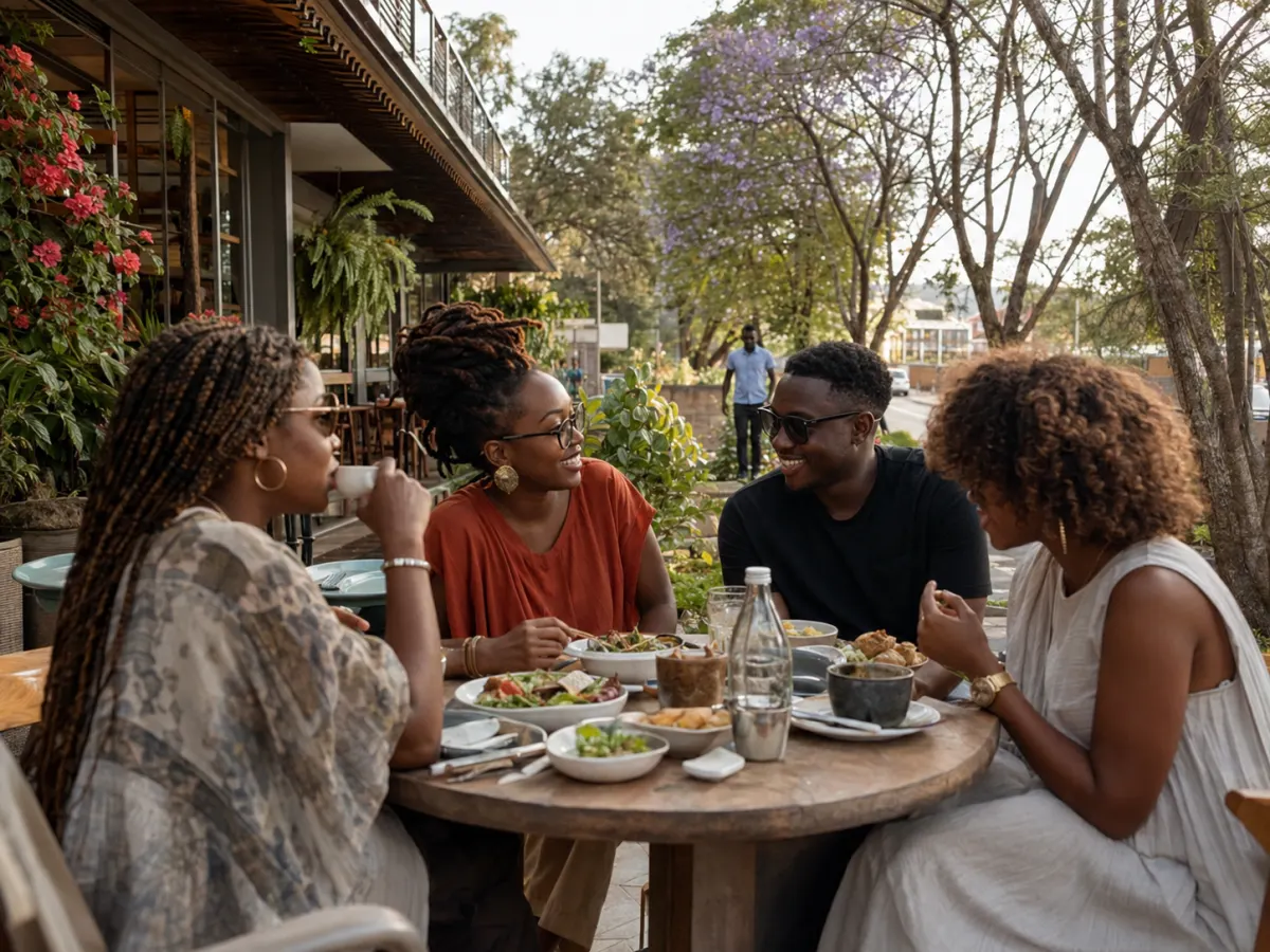 Friends sharing a meal at a leafy Nairobi café