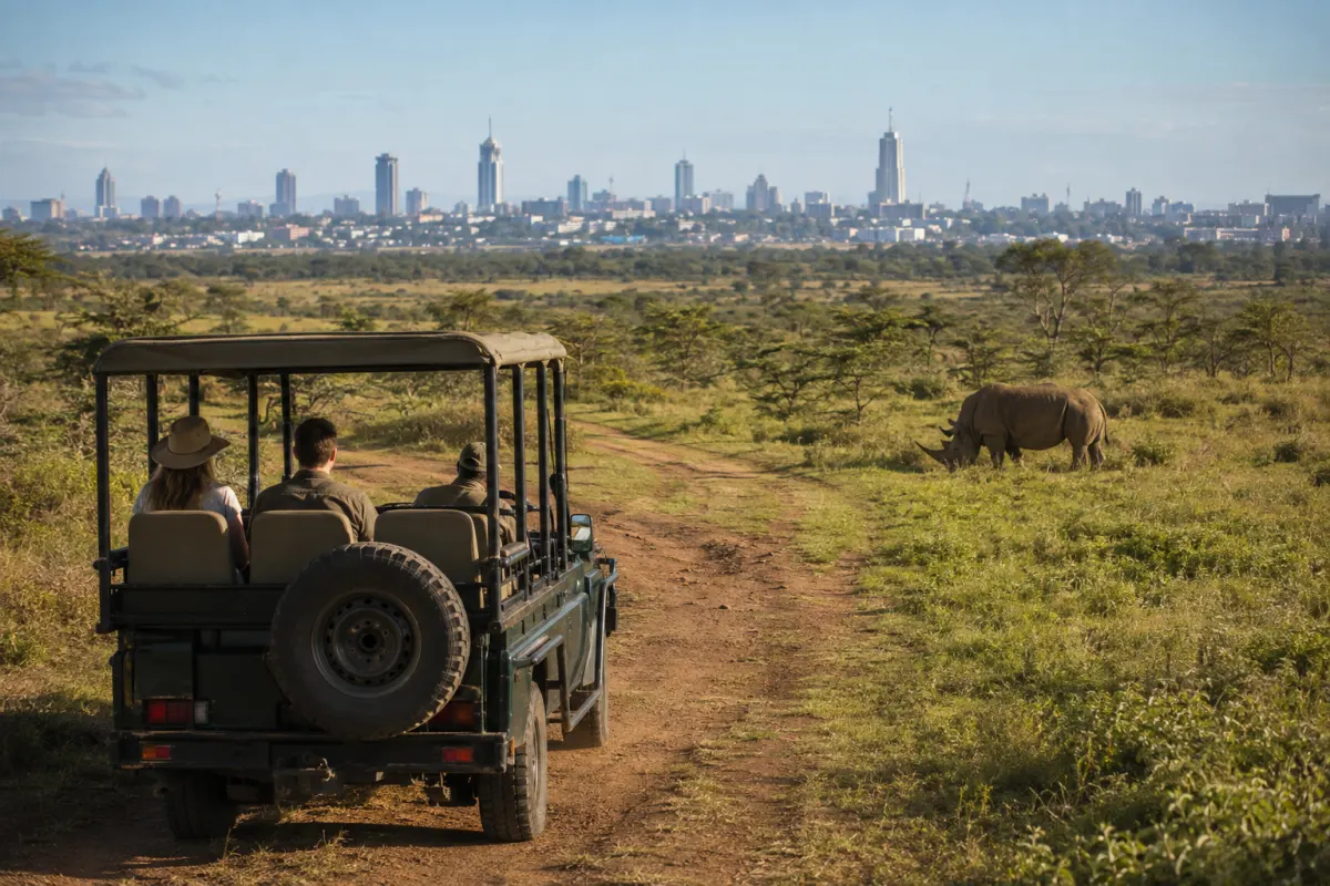 Responsible game drive in Nairobi National Park with the city skyline beyond